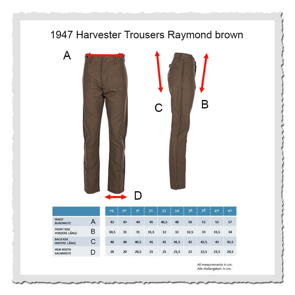 Pike Brothers Masstabelle – 1947 Harvester Trousers in braunem Twill